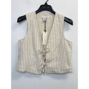 NWT Rachel Zoe Linen Blend Tie Front Vest Top Women's S Striped Oatmeal Lined